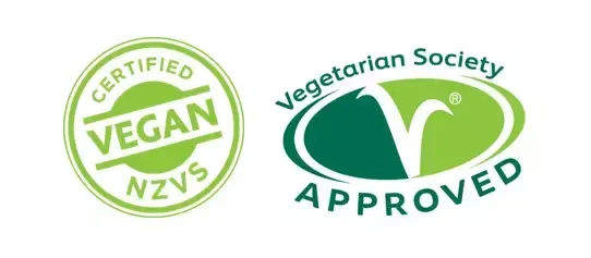 A certified vegan nzvs logo and a vegetarian society approved logo on a white background.