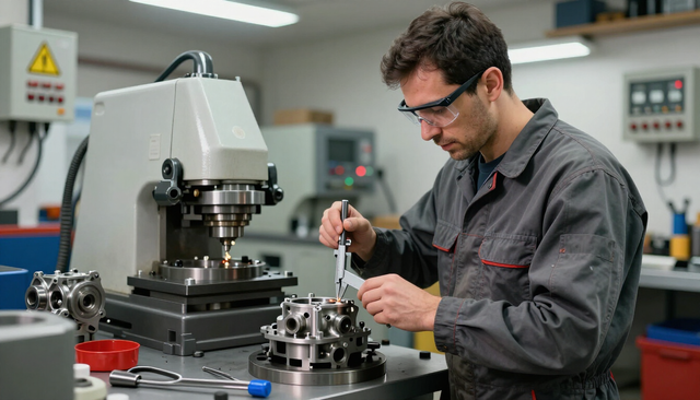 Técnico ajustando una pieza metálica en un taller mecánico junto a una fresadora.