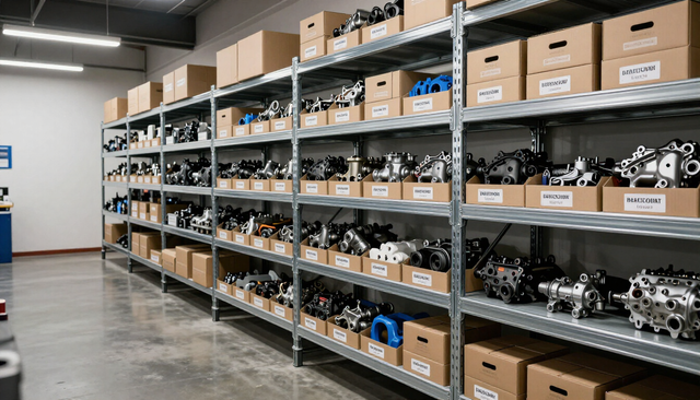 Estanterías de almacén repletas de cajas de cartón y piezas metálicas en un almacén industrial.