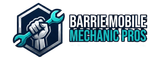 Barrie Mobile Mechanic Pros Logo, with text and a picture of a hand grey holding a teal wrench up in the air