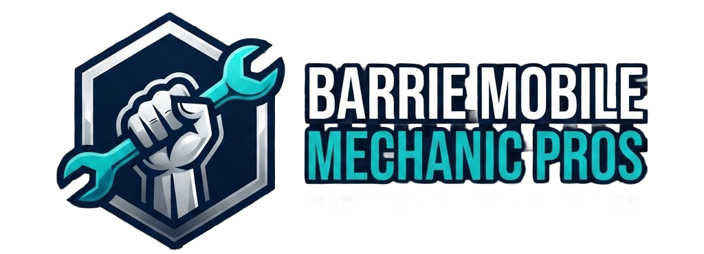 Barrie Mobile Mechanic Pros Logo, with text and a picture of a hand grey holding a teal wrench up in the air