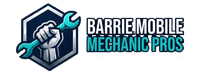 Barrie Mobile Mechanic Pros Logo, with text and a picture of a hand grey holding a teal wrench up in the air