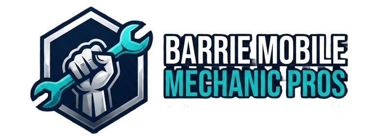 Barrie Mobile Mechanic Pros Logo, with text and a picture of a hand grey holding a teal wrench up in the air