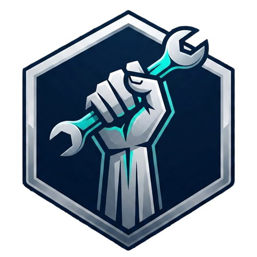 Large company logo. A hexagon with a grey hand holding a teal coloured wrench.