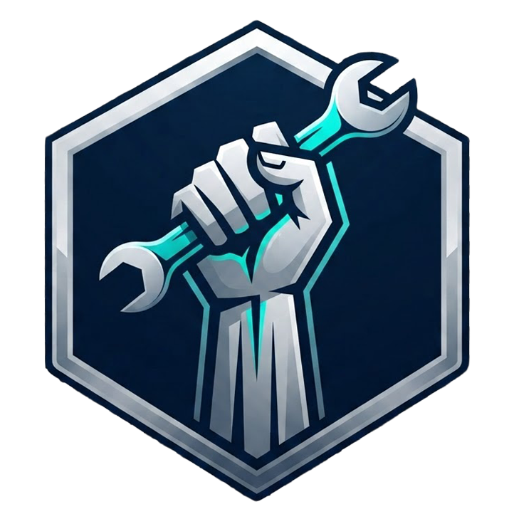 Large company logo. A hexagon with a grey hand holding a teal coloured wrench.