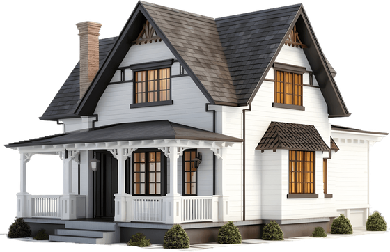 A white house with a black roof and a porch on a white background.