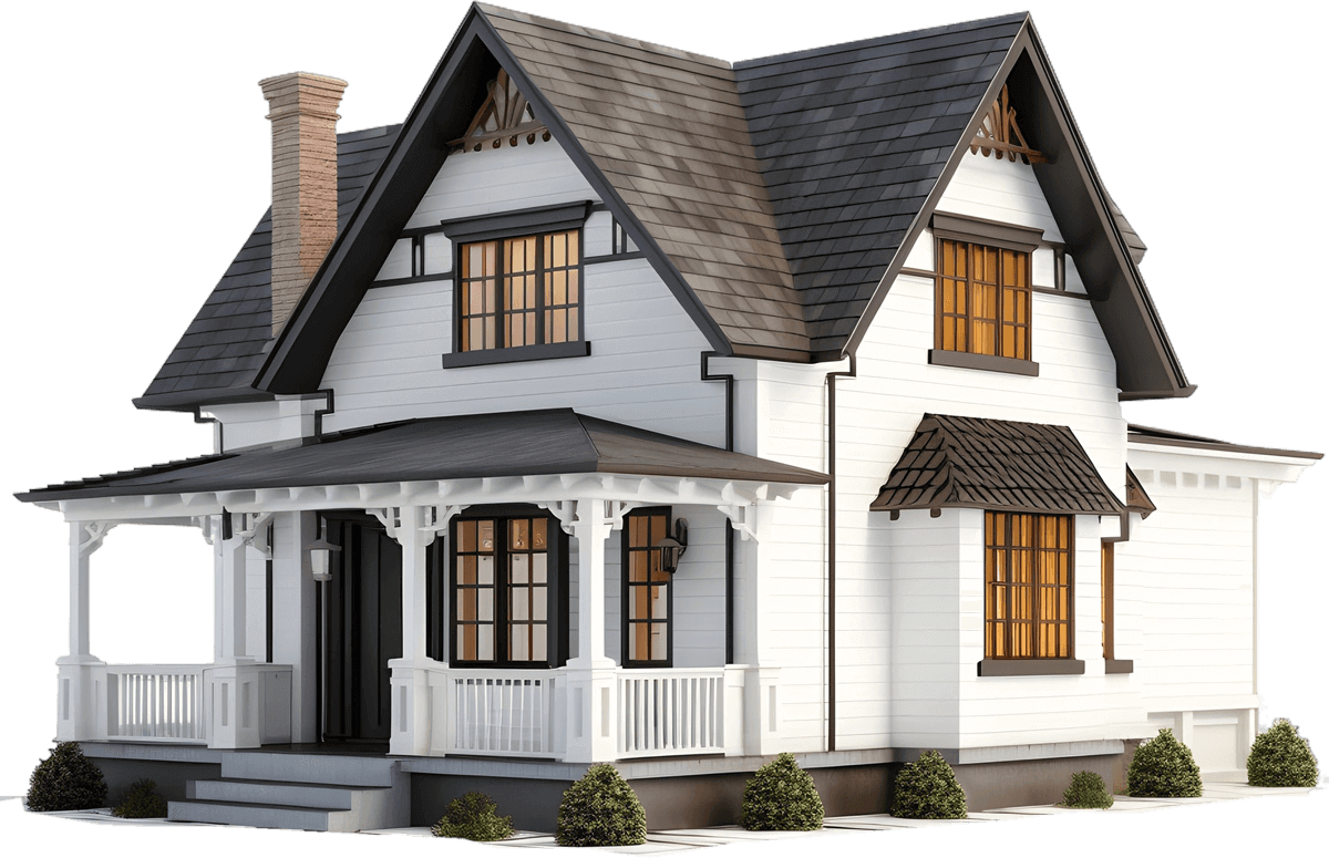 A white house with a black roof and a porch on a white background.