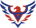 A red white and blue logo with an eagle on it