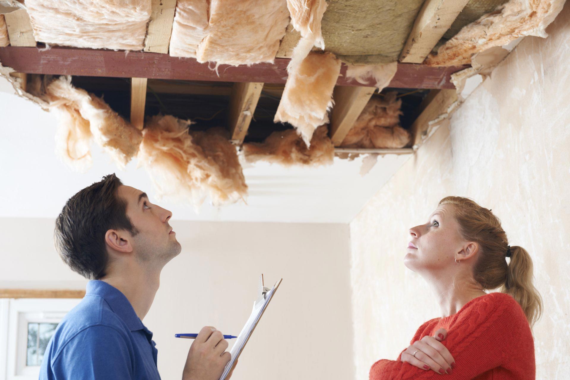 A man and a woman are looking at the ceiling of a house.