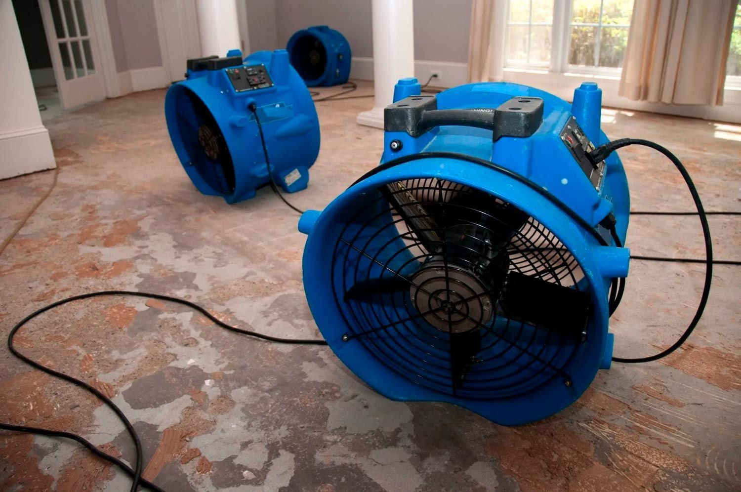 Two blue fans are sitting on the floor in a room.