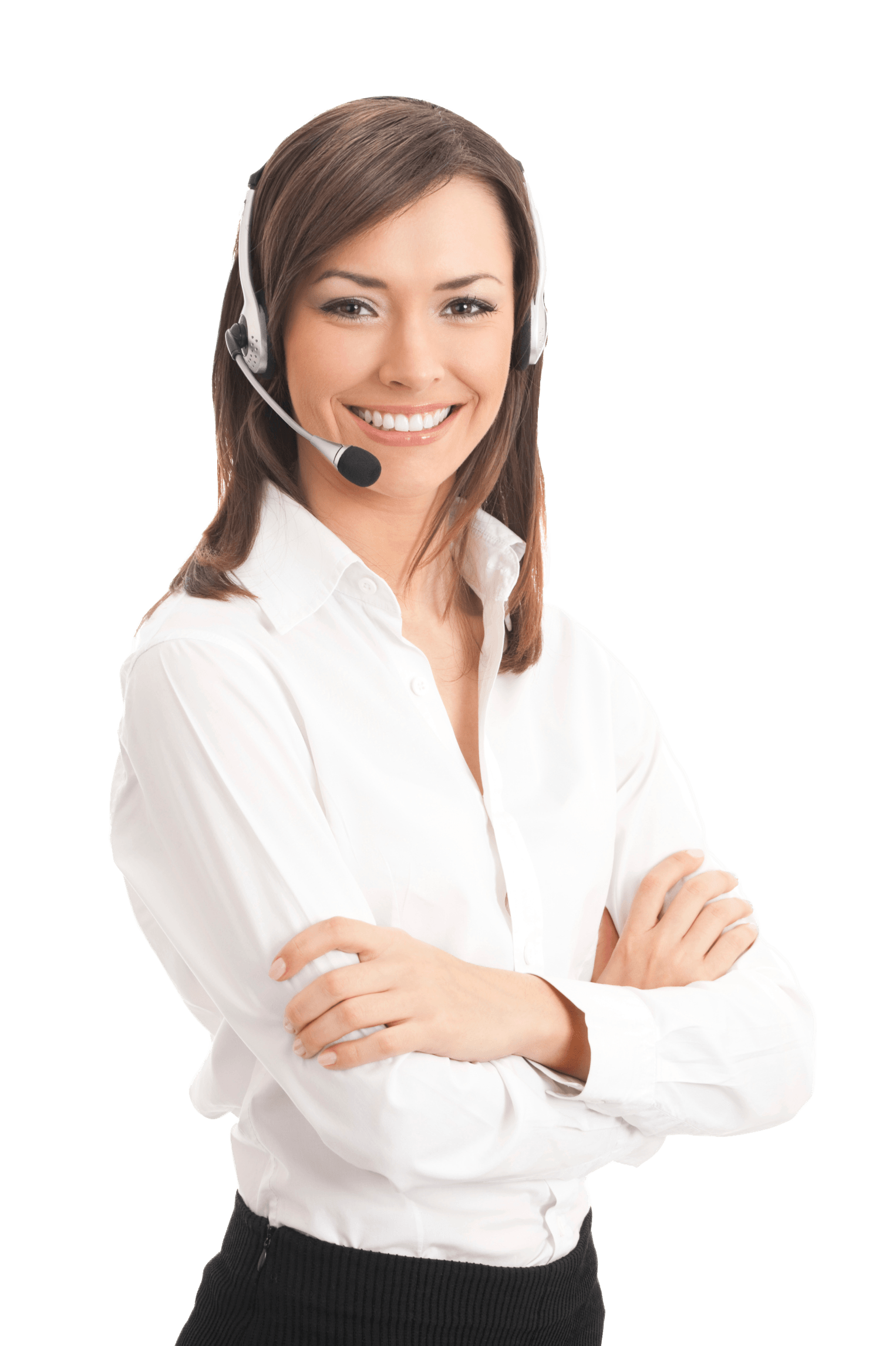 A woman wearing a headset and smiling with her arms crossed.
