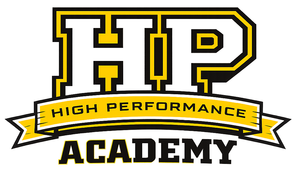 HP High Performance Academy logo in black, white, and yellow with bold initials and ribbon banner