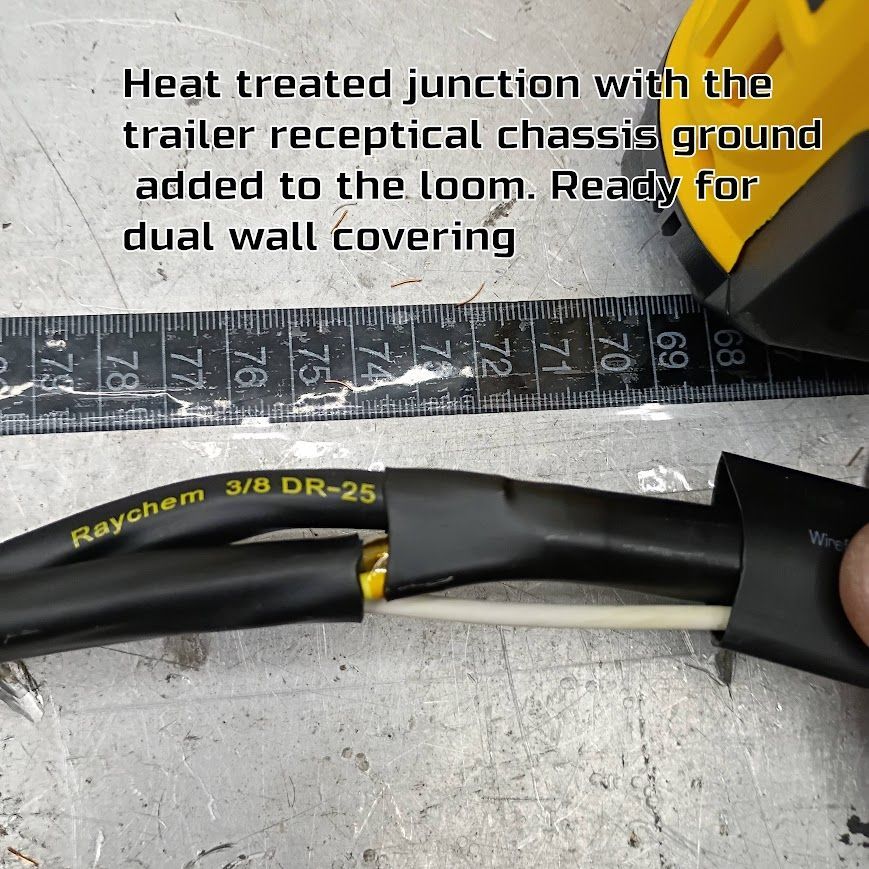 Heat-shrunk wiring junction with trailer receptacle ground wire added, ready for dual-wall covering