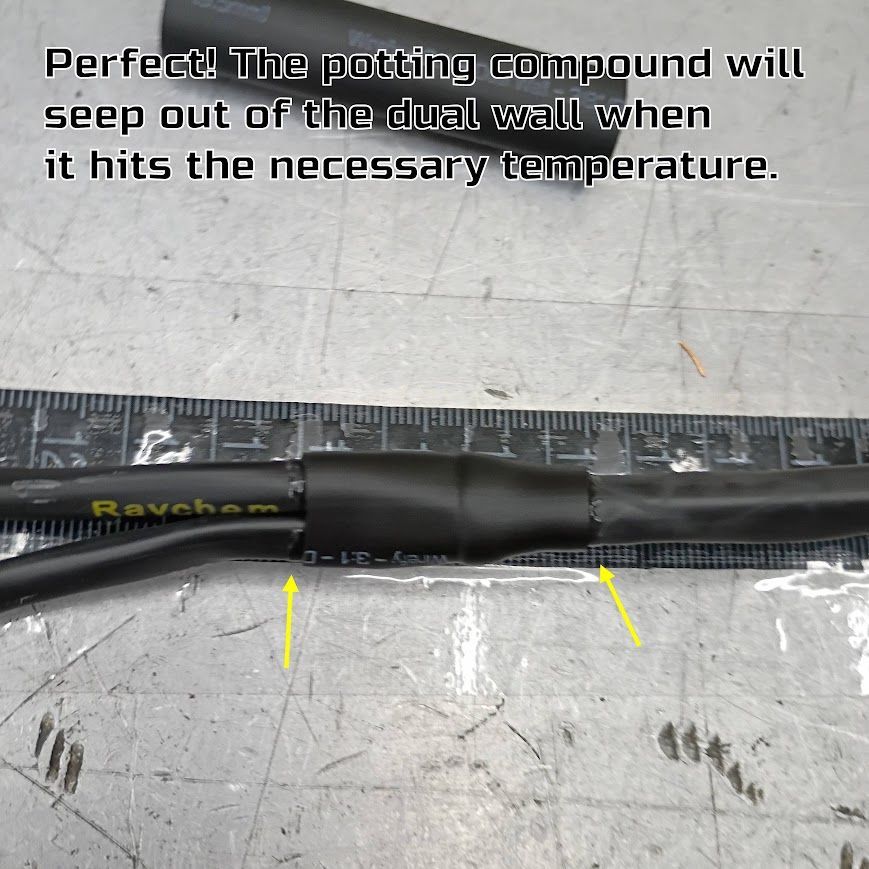 Black putty-covered cable on a ruler-marked table, with yellow arrows pointing to ends and caption text above.