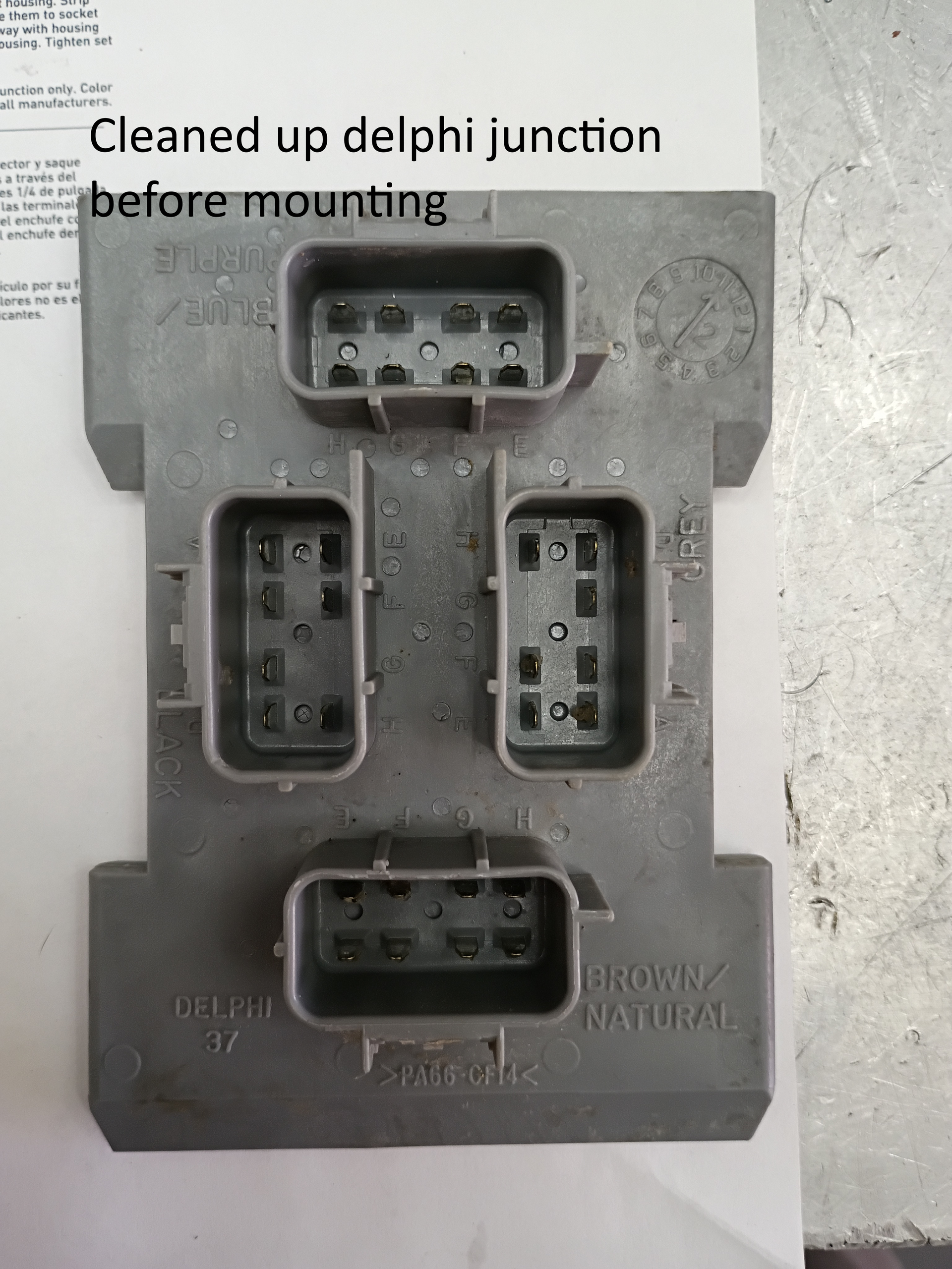 Cleaned Delphi junction block with multiple electrical connectors on a gray surface