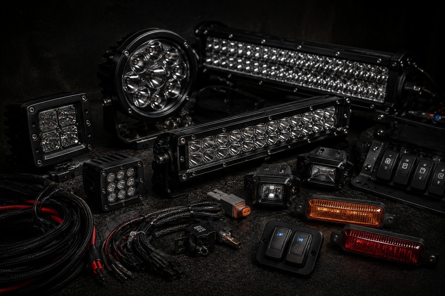 Assorted black LED light bars and amber/red signal lights arranged on a dark surface