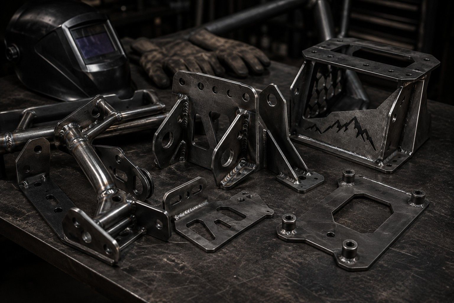 A machine cuts metal plates on a workbench, creating bright sparks, with several finished steel parts lying nearby.