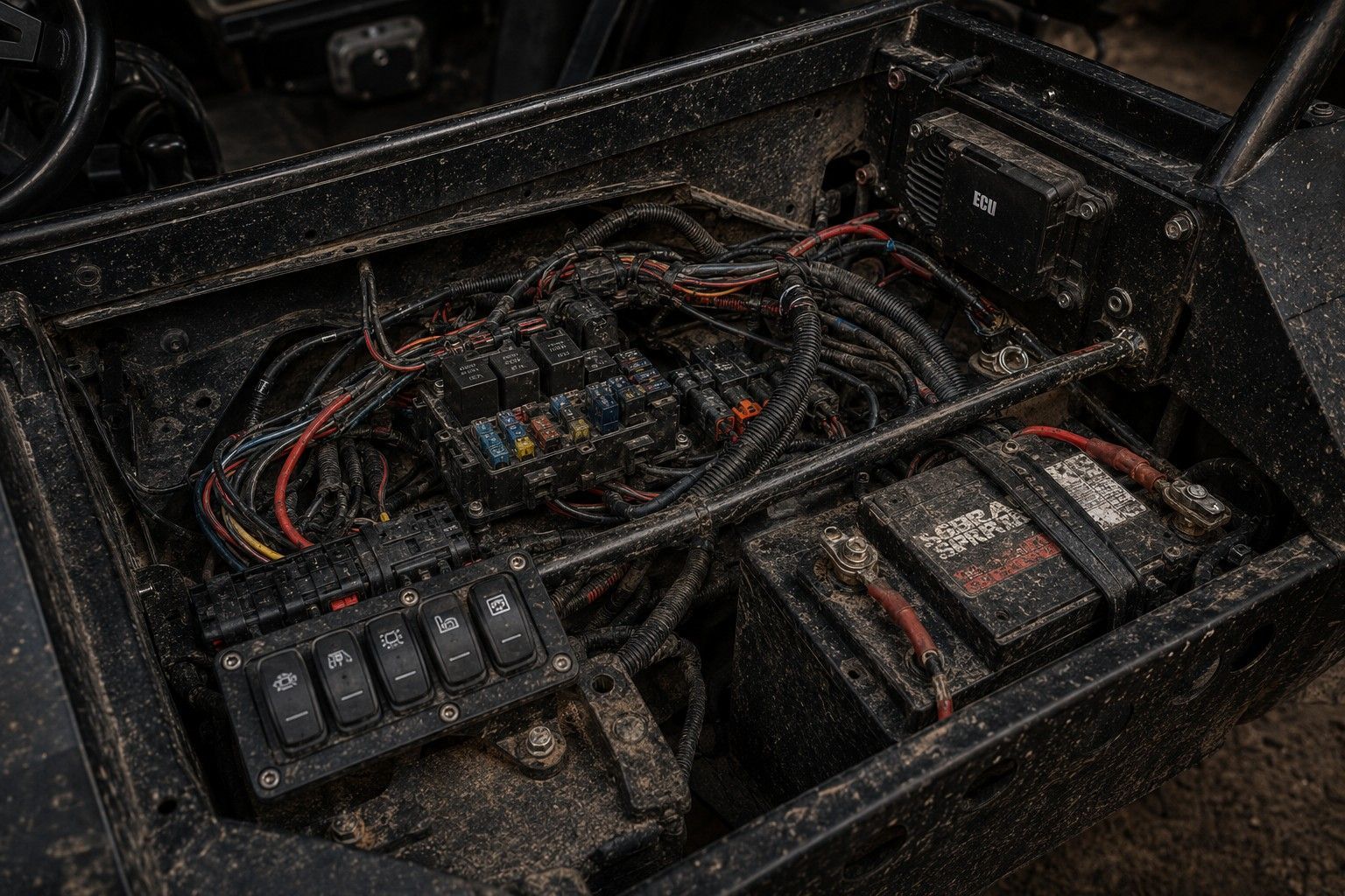 A black Fastline wiring harness coiled in a circle, featuring a fuse block with relays and various terminal connectors.