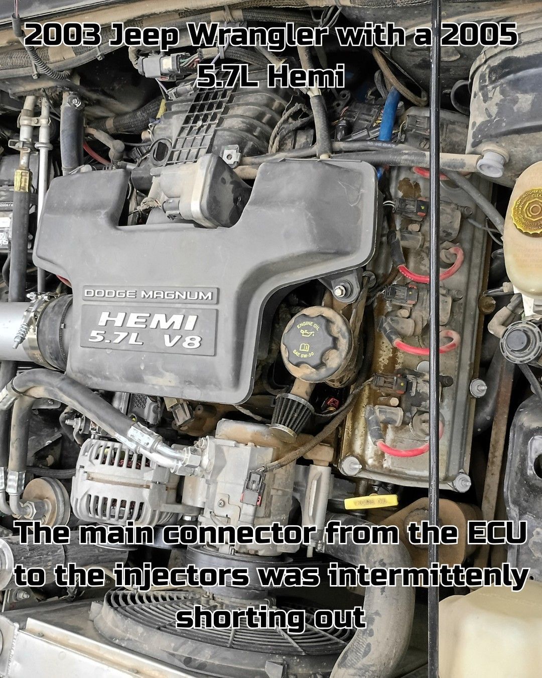 Custom 5.7L HEMI wiring harness installed in a Jeep Wrangler