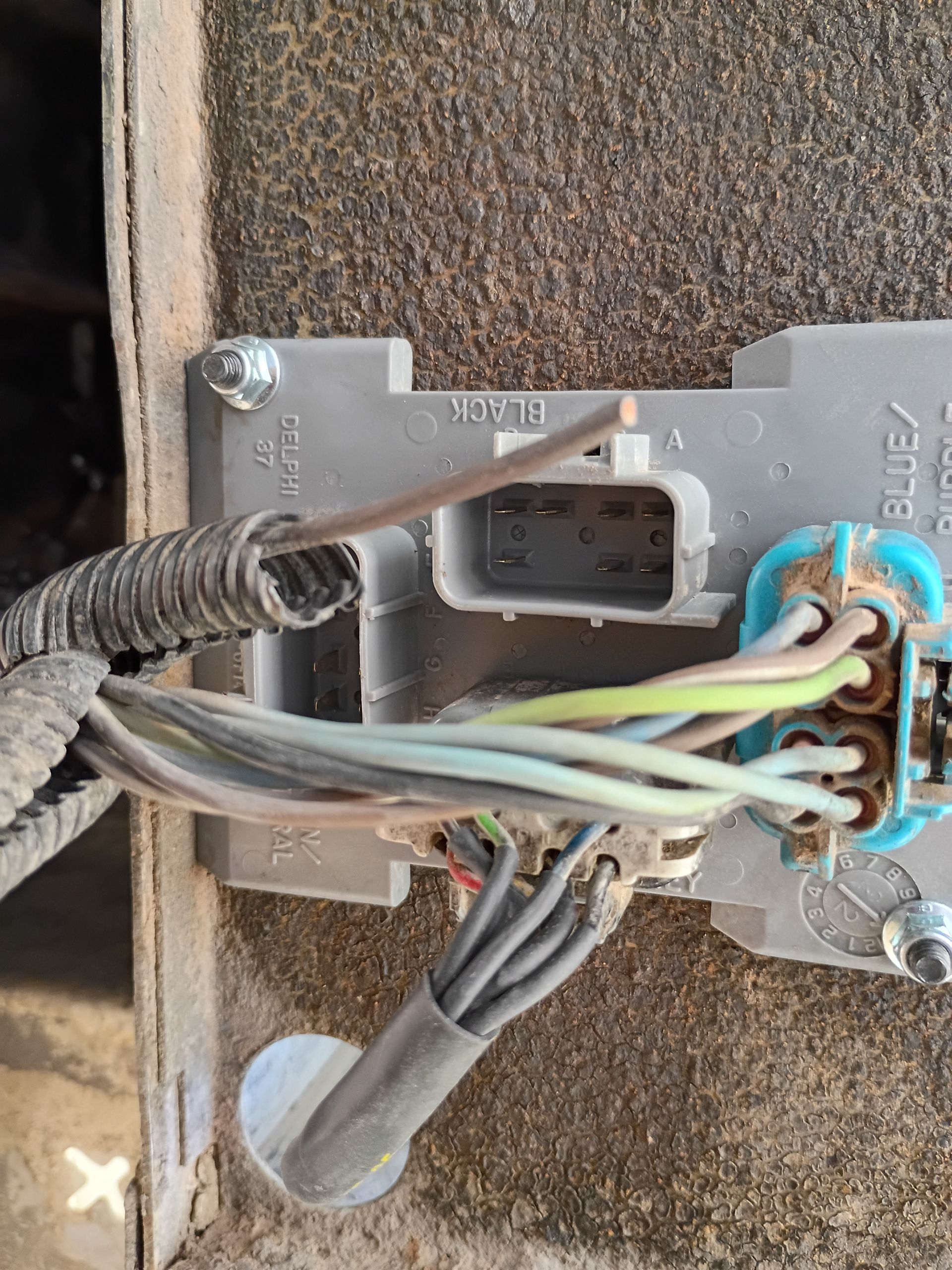 Close-up of exposed electrical wiring and a gray connector mounted in a metal panel.