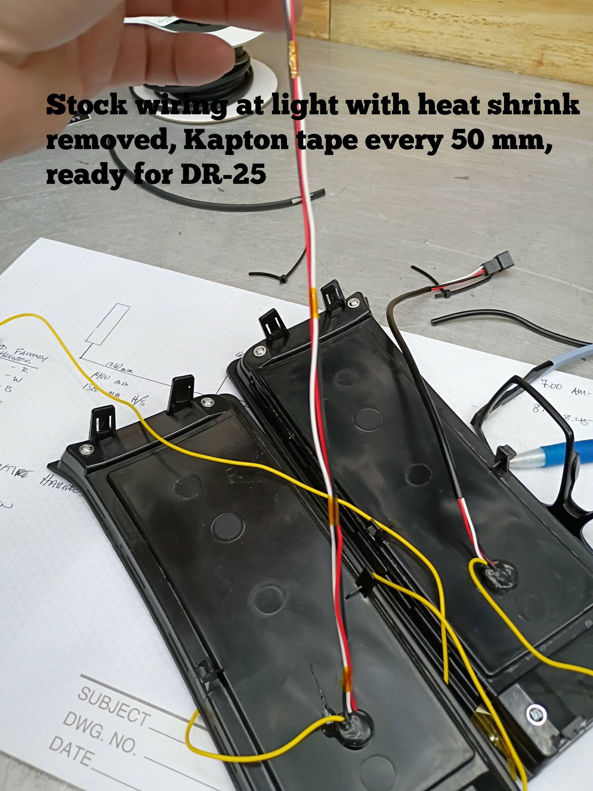 Wiring test setup with black panels, red/yellow wires, and note about heat-shrink and Kapton tape every 50 mm