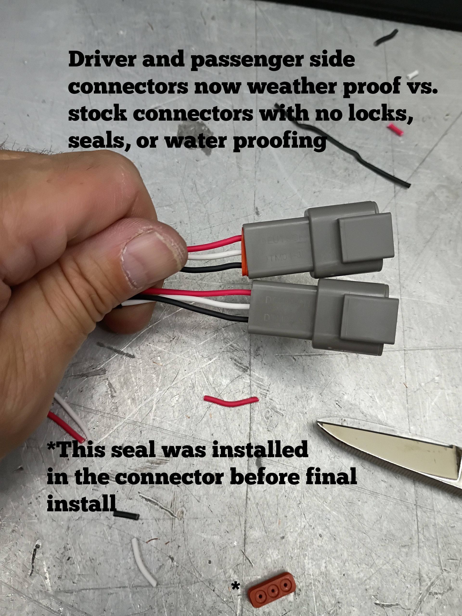 Hand holding two gray car wire connectors with red and white wires; text notes no weatherproofing or seals.