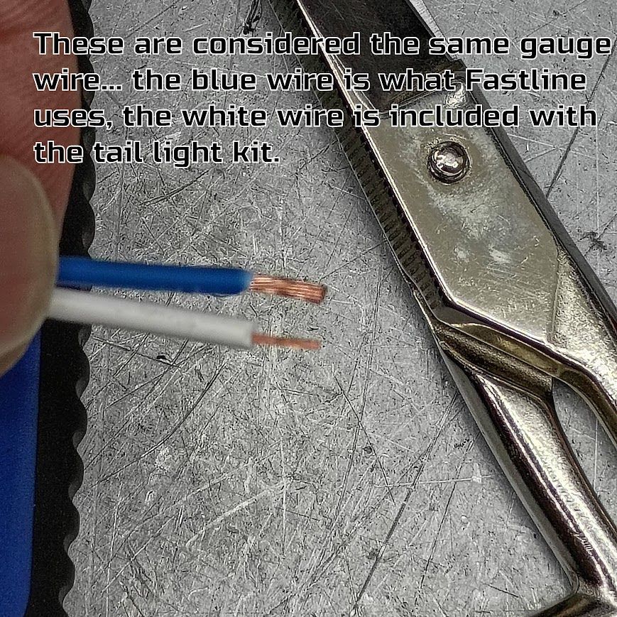 Blue and white wire ends held by pliers on a metal surface, with text overlay about wire gauges