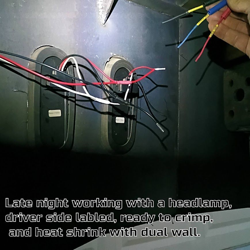 Two black devices on a wall with tangled red, black, and white wires; text overlay about late-night electrical work.