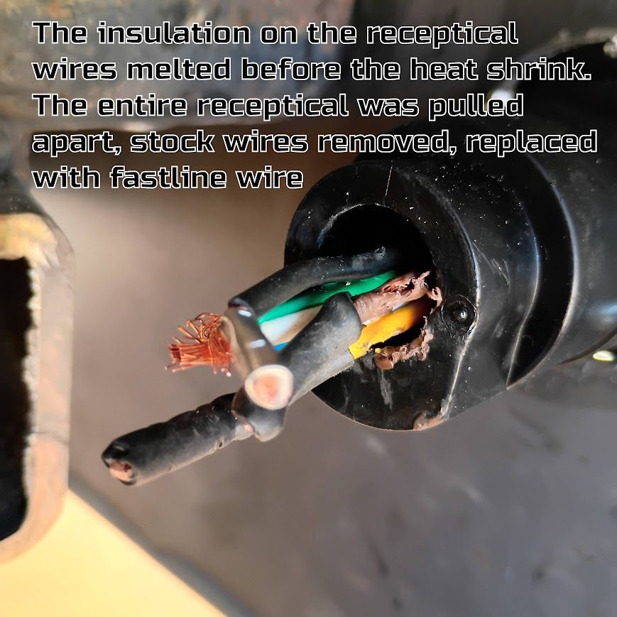 Damaged electrical receptacle with exposed multicolored wires and a black mount, overlaid with repair text