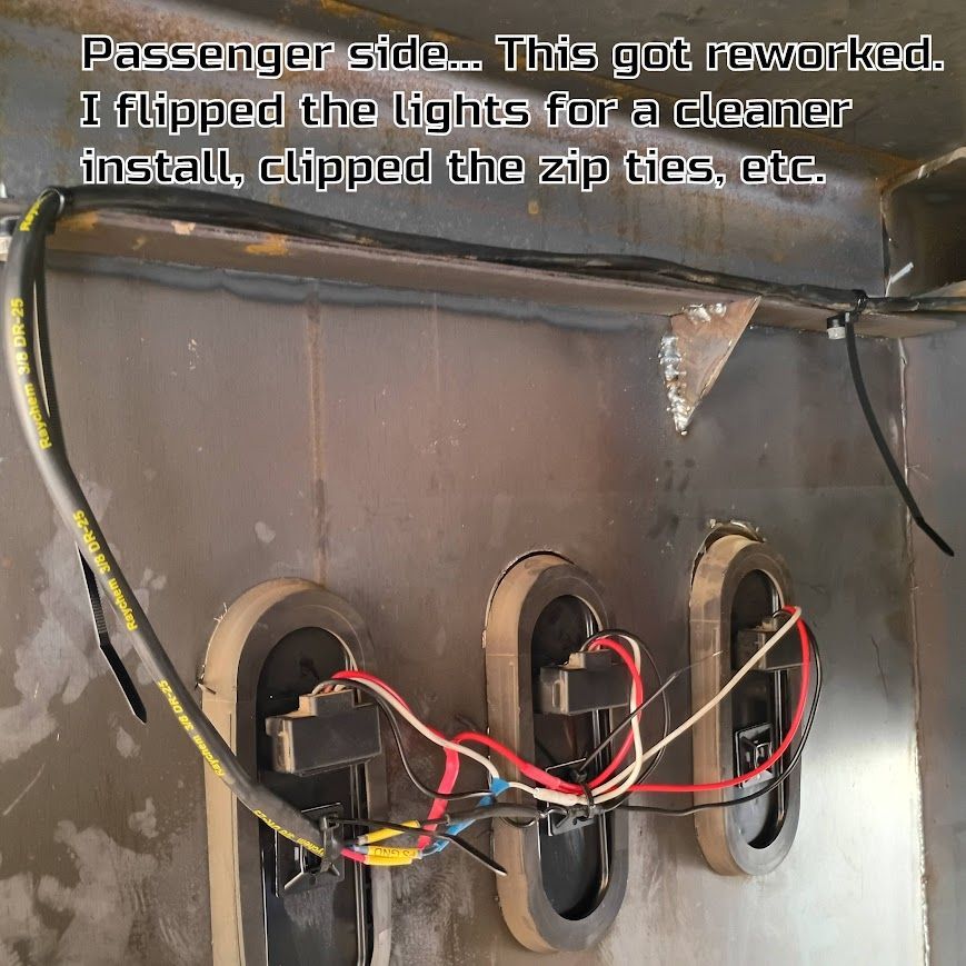 Wired car panel with three oval openings and red-black cables, labeled “Passenger side” with notes on a recent rework.