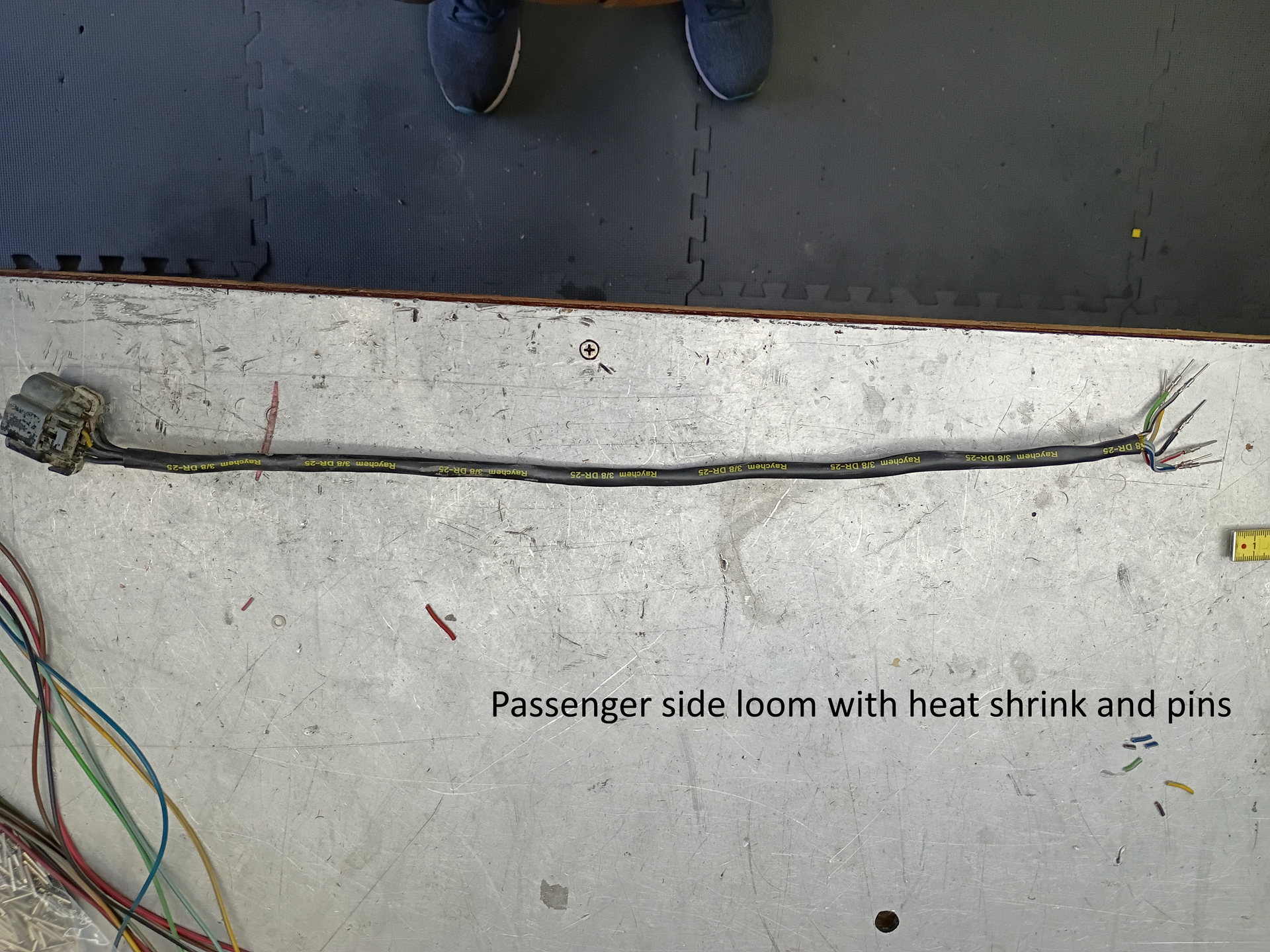 Bottom door edge with shrinkage and torn seams, labeled “Passenger side door with tear, shrink and orims.”