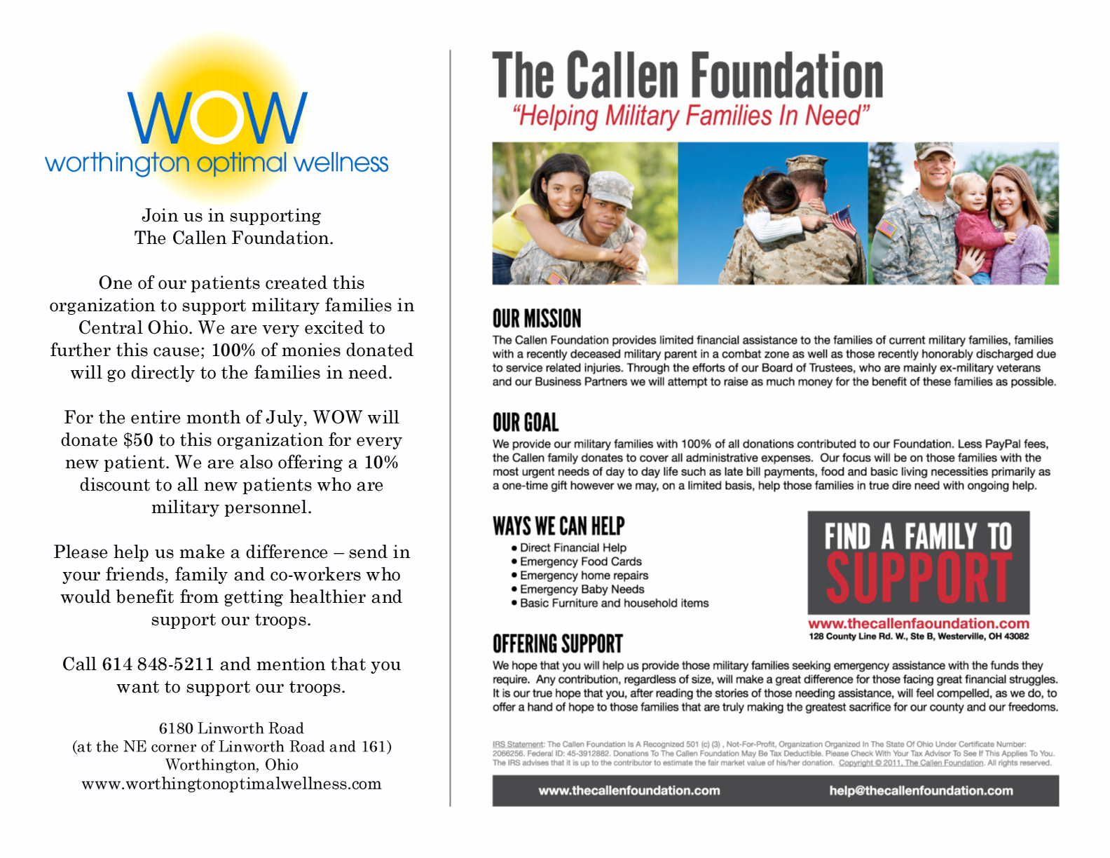 A flyer for the callen foundation helping military families in need