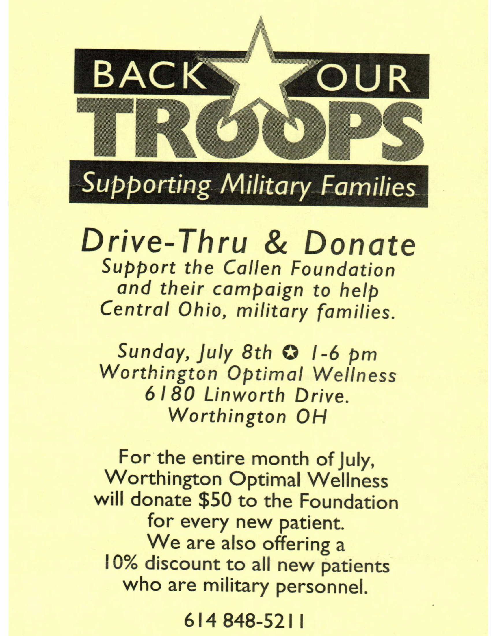 An advertisement for back your troops supporting military families