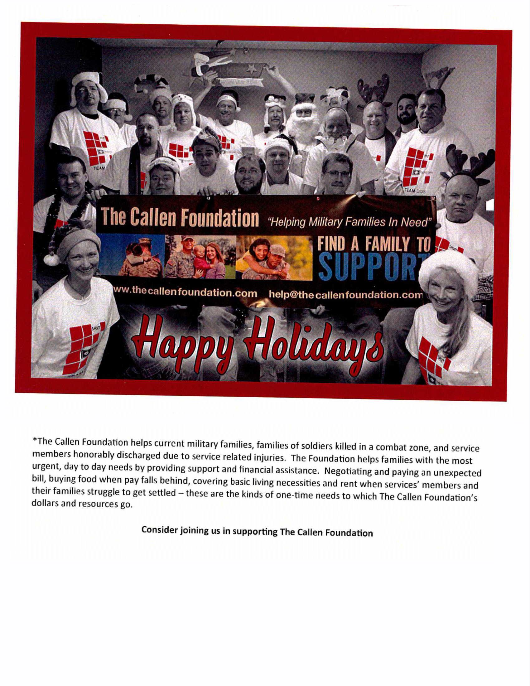 A group of people are standing in front of a sign that says happy holidays.