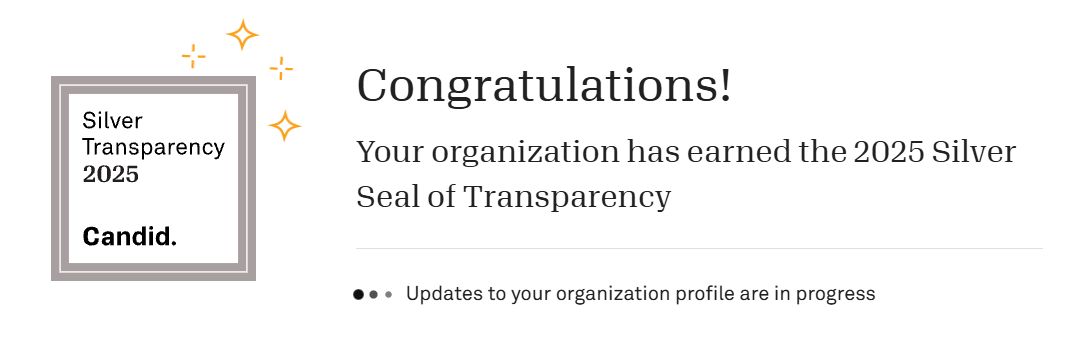 Silver Transparency 2025 Candid seal with congratulatory text.