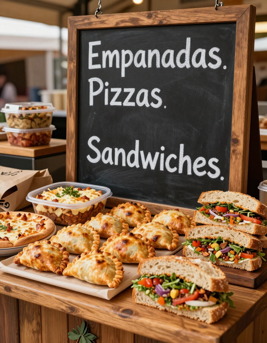 Menú escrito en una pizarra junto a bandejas de empanadas, pizzas y sándwiches en un puesto de comida.