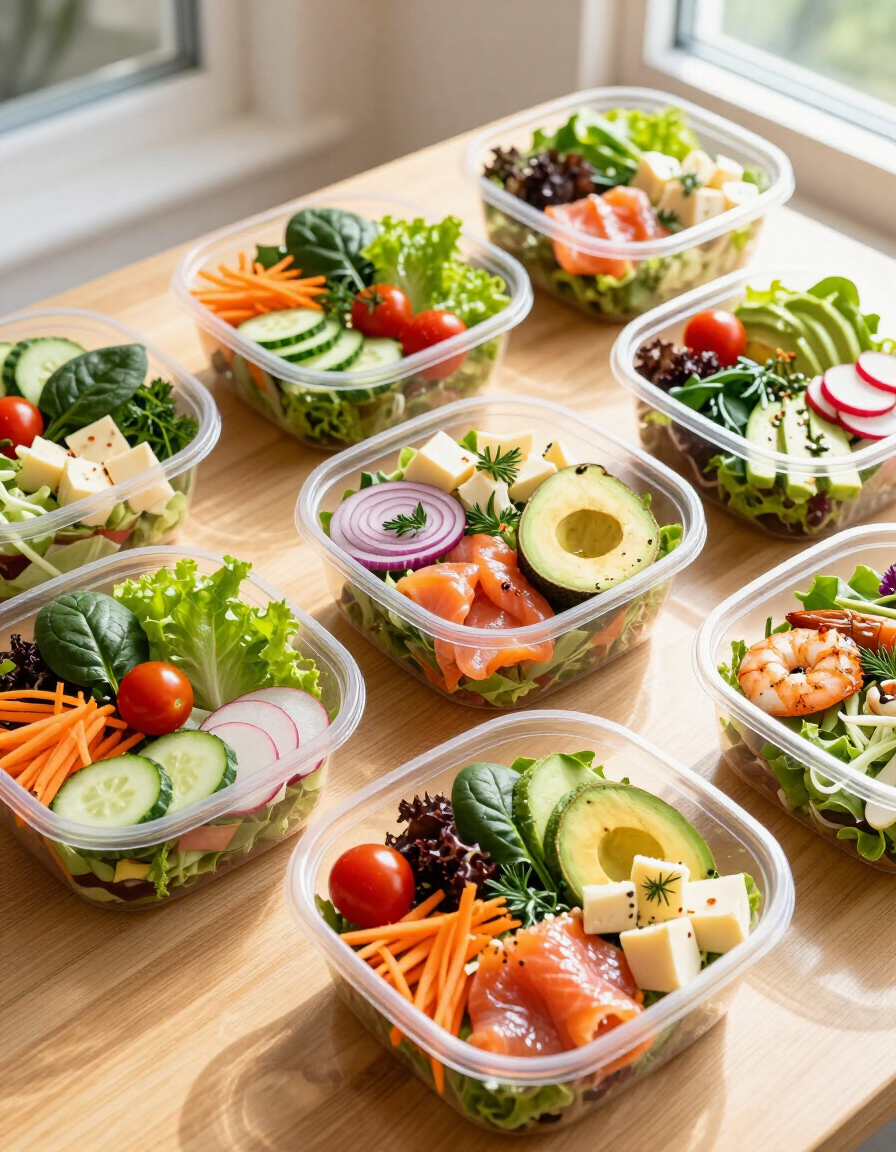 Ensaladas variadas con verduras frescas y salmón sobre una mesa de madera junto a una ventana.