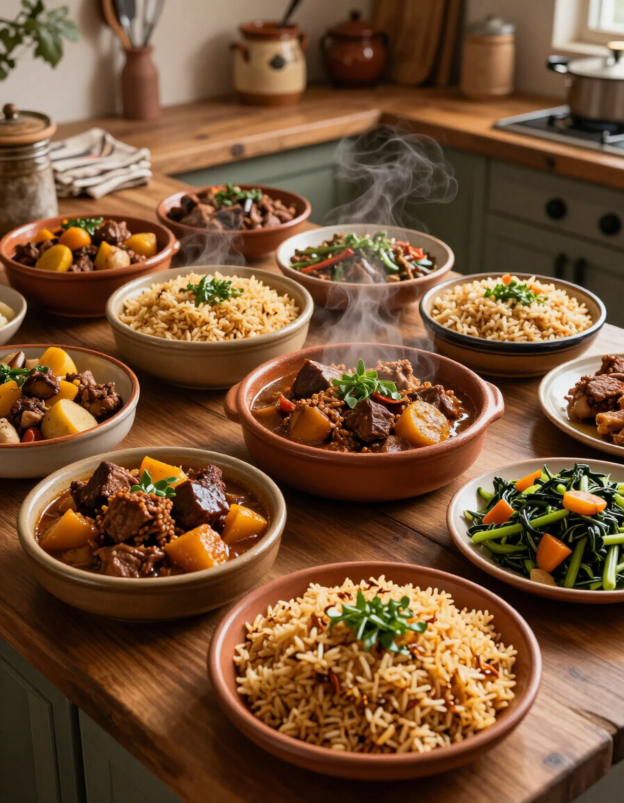 Cuencos humeantes de arroz, estofado y verduras dispuestos sobre una mesa de cocina de madera.