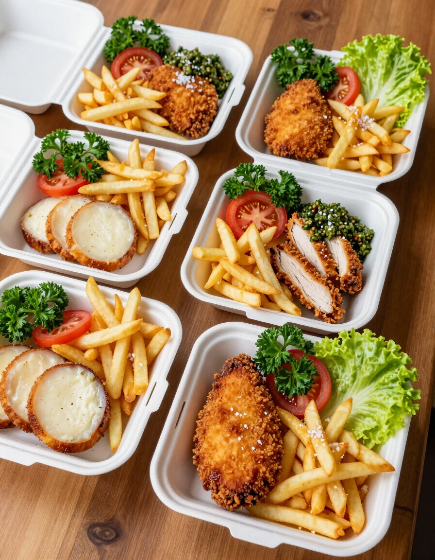 Recipientes para llevar con chuletas empanizadas, papas fritas, brócoli y ensalada sobre una mesa de madera.