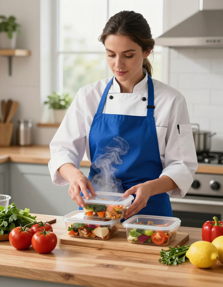 Chef empacando ensaladas frescas en recipientes en una cocina luminosa.