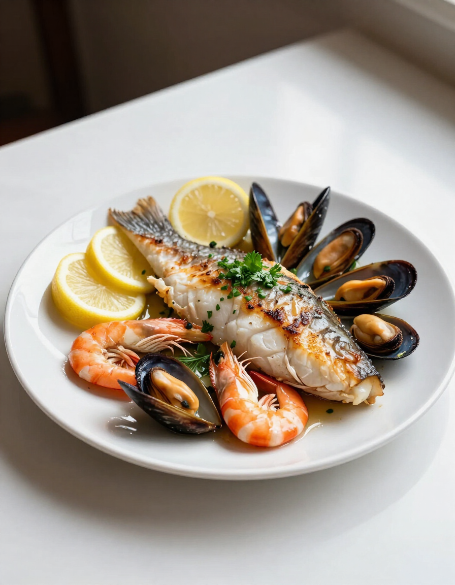 Plato de mariscos con rodajas de limón, pescado a la parrilla, camarones y mejillones en un plato blanco.