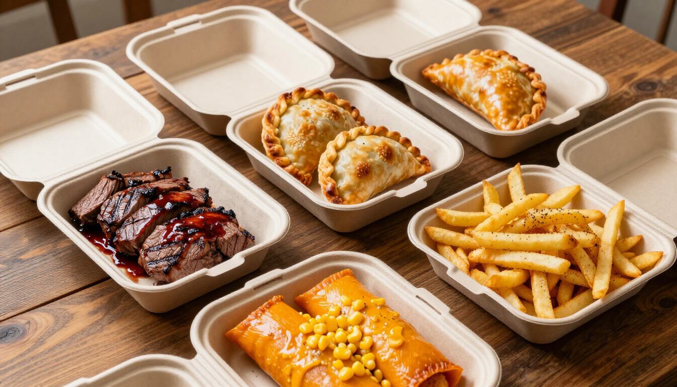 Envases de comida para llevar con comida variada: patatas fritas, carne glaseada, empanadillas