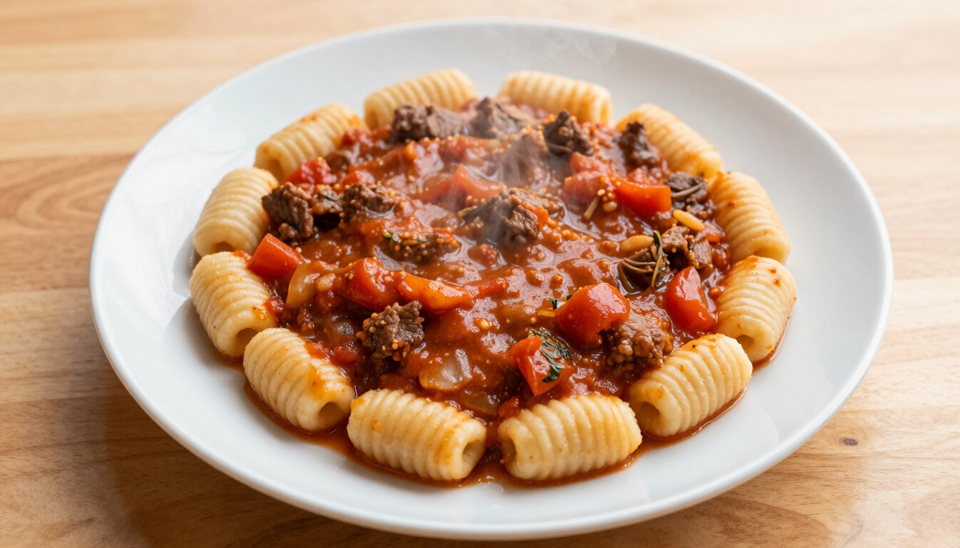 Plato de pasta rigatoni con salsa de carne y tomate sobre un plato blanco.