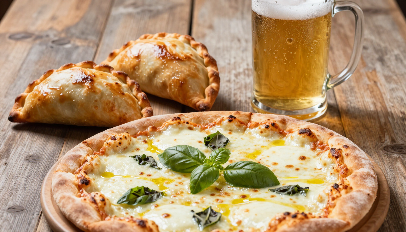 Pizza y calzone con un vaso de cerveza en una mesa de madera.