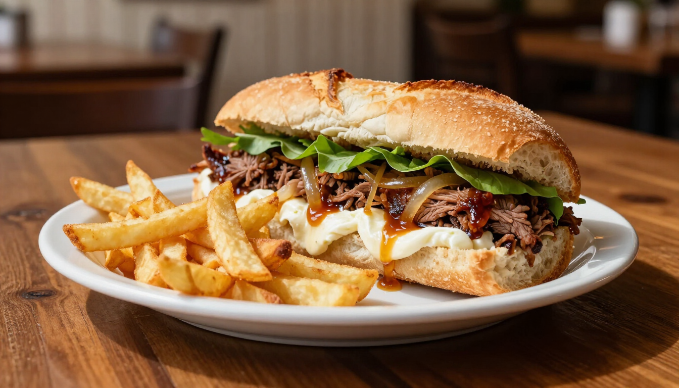 Sándwich con queso fundido y patatas fritas en un plato blanco en un restaurante.