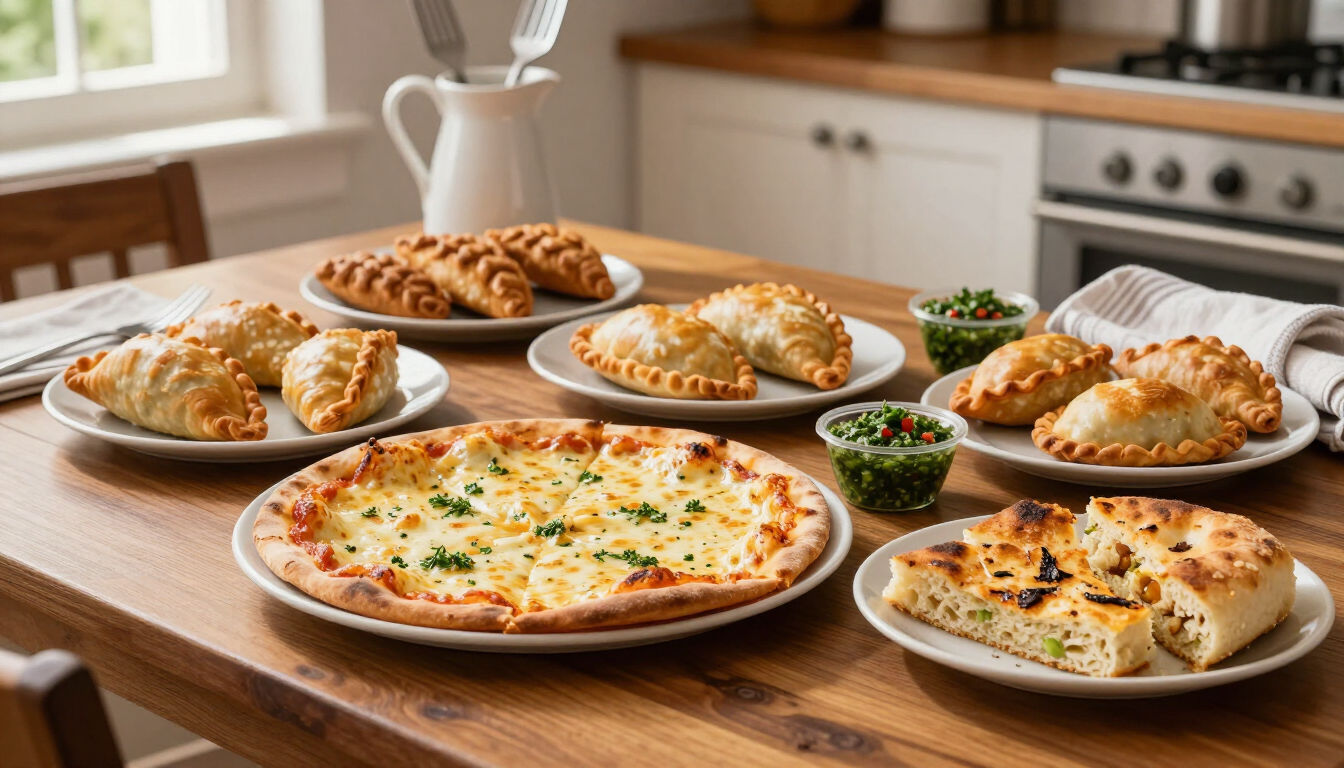 Variedad de pizzas y calzones horneados sobre una tabla de madera en una cocina luminosa.