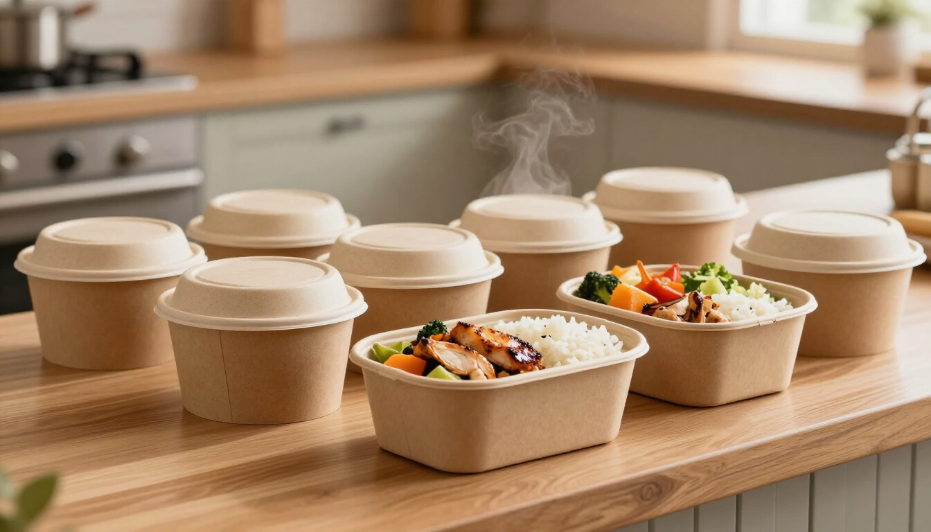 Recipientes para preparar comidas con almuerzos para llevar y vasos con tapa sobre una encimera de madera en la cocina.