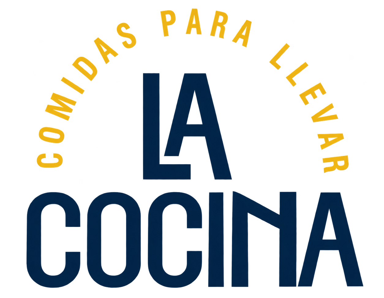 Logo de “La Cocina” con texto curvo amarillo “Comidas para llevar” en azul marino.