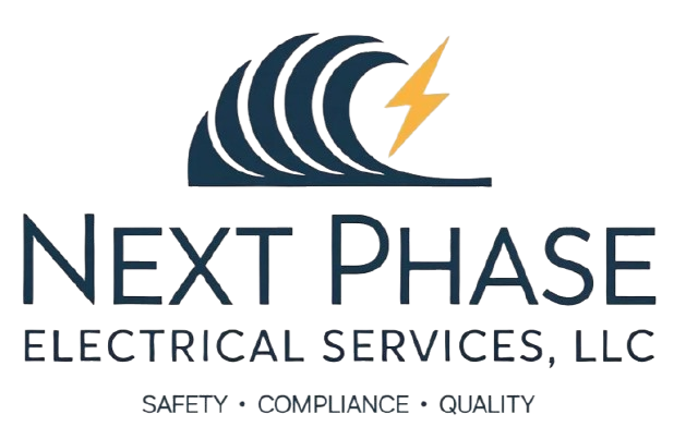 Logo: Navy wave with yellow lightning bolt; "Next Phase Electrical Services, LLC" below; "Safety - Compliance - Quality" at the bottom.