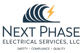 Logo: Navy wave with yellow lightning bolt; "Next Phase Electrical Services, LLC" below; "Safety - Compliance - Quality" at the bottom.